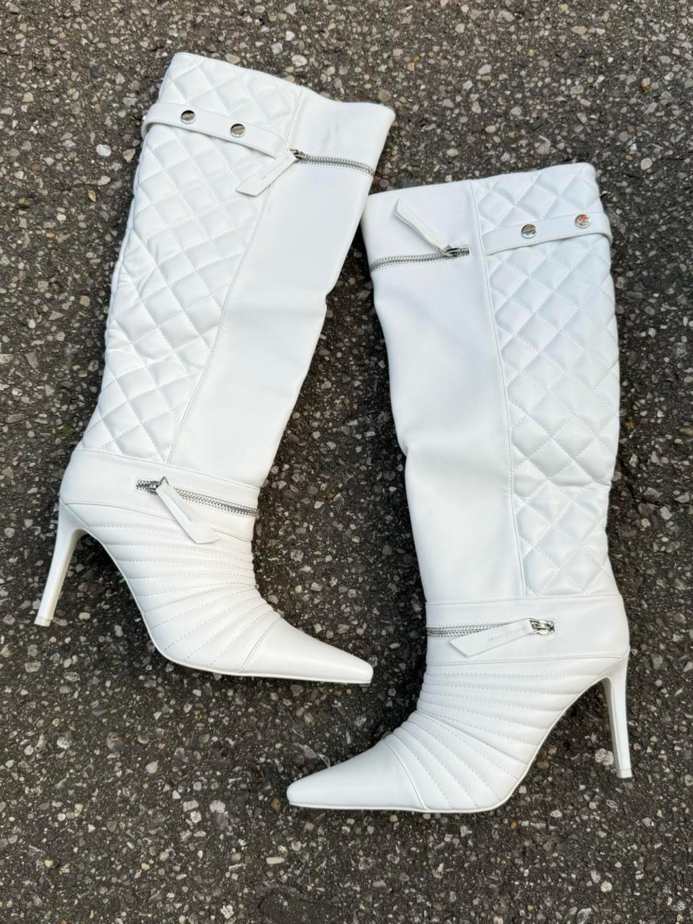 White Quilted Knee-High Stiletto Boots